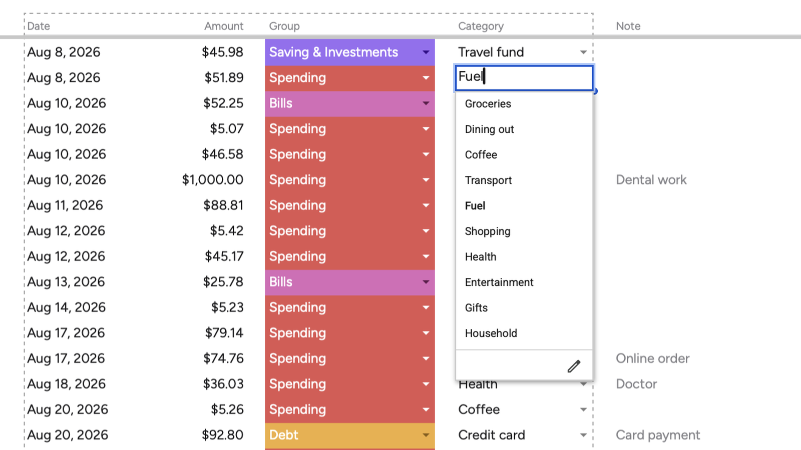Entering a purchase in Transactions: choosing a group, then picking a category from the matching dropdown.
